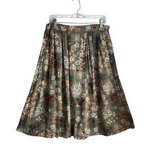 Vintage Sag Harbor 1X Olive Green A-Line Skirt Floral Rayon Elastic Pull-On